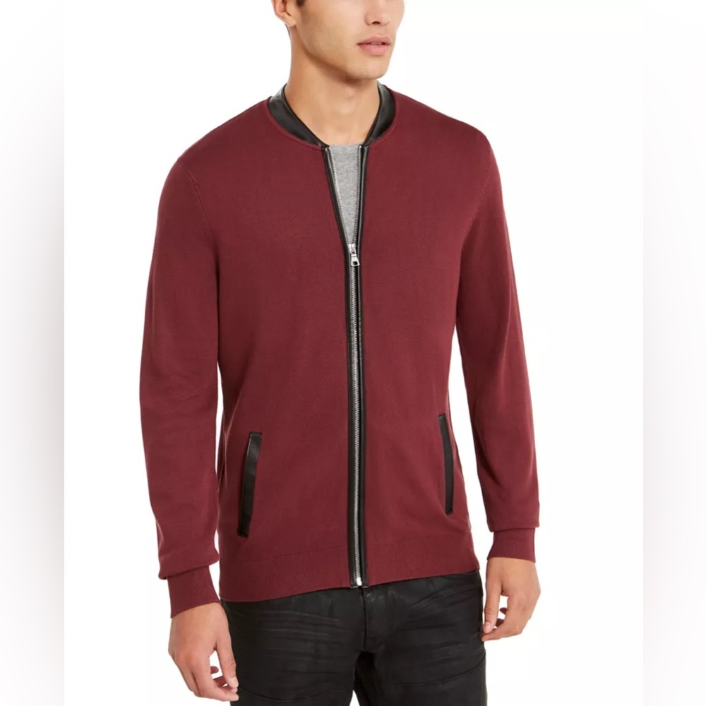 INC International Concepts Men's 3XL Cardigan Sweater Full Zip Faux Leather Trim
